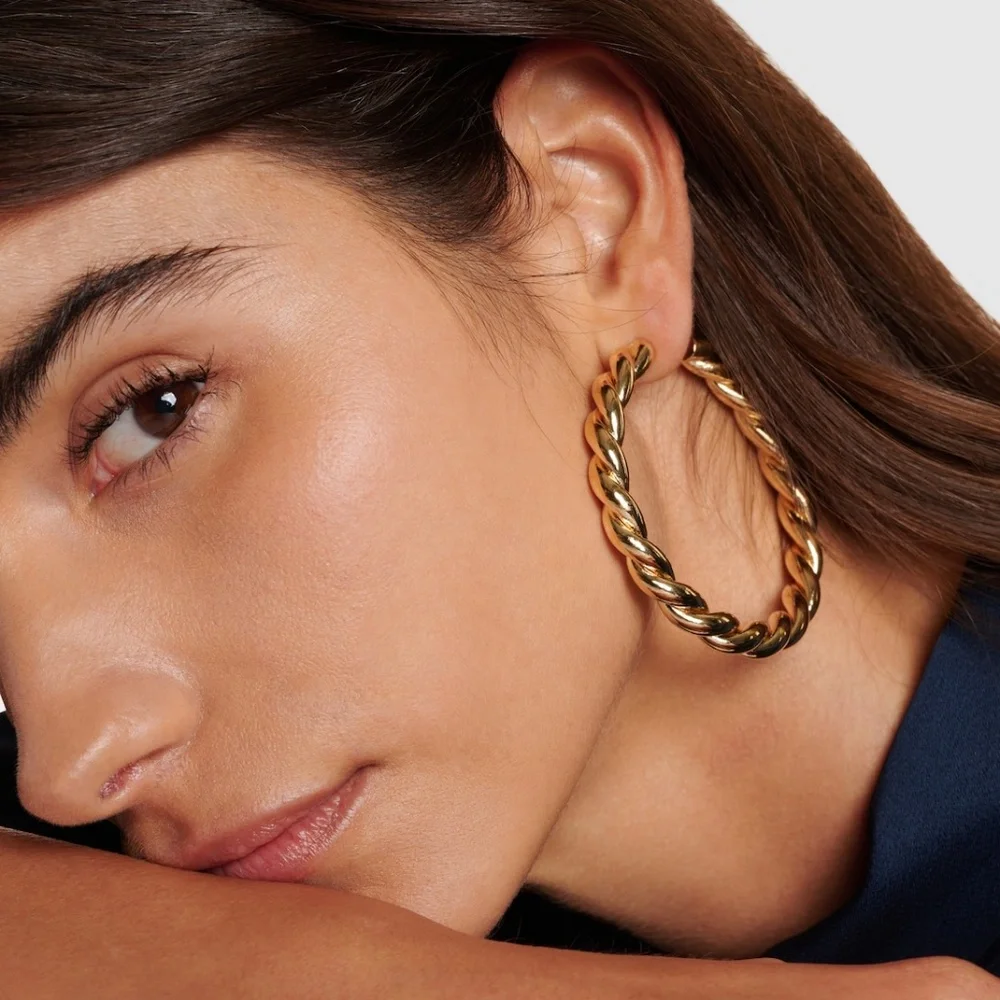 Jennifer Fisher 2.5" Twisted Lilly Hoops Earrings 14K Gold Posts Plated Brass - Picture 2 of 13